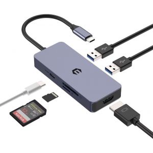 TTA-Hub USB C, Adaptateur LAN USB C pour Ordinateur Portable, Chromebook, Surface Pro 8, répartiteur 6 en 1 avec Lecteur de Carte SD/TF, HDMI 4K, 100 W PD, USB 3.0 - Neuf