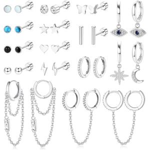 15paires Petite Boucles D'oreilles Femme Acier Chirurgical Hypoallerg&eacute;nique &Eacute;toile Lune Cartilage Boucles D'oreilles Creoles Pendantes Avec Cha&icirc;ne Fantaisie Lot Boucles D'oreilles Or Argent - Neuf