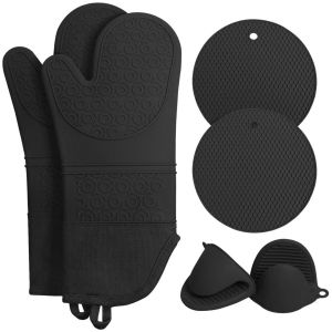 Ensemble De 6 Pi&egrave;ces De Gants De Cuisine En Silicone : Maniques R&eacute;sistantes &Agrave; La Chaleur, Essentiels De Cuisine Le Noir - Neuf
