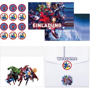 TRAHOO-Lot de 12 cartes d'invitation pour anniversaire d'enfant garçon - Cartes d'invitation allemandes avec enveloppes - Autocollants ronds - Motif super-héros - Pour fête d'enfants - Neuf