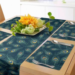 Eryi-Chemin De Table En Plumes Et Sets De Table 4 Pièces, Motifs Colorés De Plumes De Paon Exotiques Du Moyen-Orient Sur Un Fond, Set De Décoration De Table, 180 X 40 Cm, Turquoise Bleu Foncé - Neuf