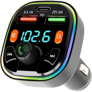 Transmetteur FM Bluetooth Voiture, Bluetooth Lecteur MP3 Adaptateur Radio sans Fil Kit &Eacute;metteur FM Voiture Chargeur, Type-C PD 20W & QC 3.0 Chargeur Rapide de Voiture Appels Mains Libres MP3 Support - Neuf