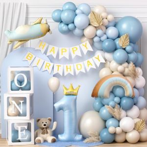 MEVRONISSHOP-Decoration Anniversaire 1 An Gar&ccedil;on Bleu avec Bo&icirc;te &agrave; Ballons Banderole Joyeux Anniversaire Ballons en Aluminium Ballon 1 An, Kit Arche Ballon pour Gar&ccedil;on Baby Shower Bapt&ecirc;me - Neuf