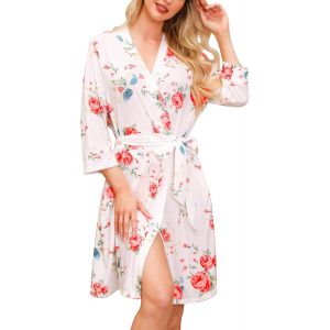 Peignoir Court Femme Imprimé Robes De Chambre Doux Et Léger Longueur Du Genou Kimono En Tricot Pour Femme Loungewear Col V Avec Ceinture - Neuf