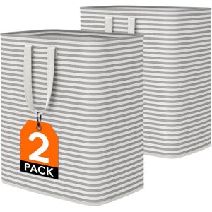 Panier à Linge Autoportant 80L, Grand Panier à Linge Pliable et Imperméable avec Poignées Facile Transporter, Corbeille a Linge pour Vêtements, Serviettes, Jouets, Couvertures, Gris, 2 Packs - Neuf