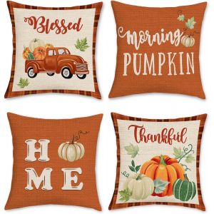 Cauc-Housse De Coussin Citrouille D`Automne 45 X 45 Cm Citrouille Camion Orange Action De Grâce Polyester Lin Décoratif Taie D'oreiller Pour Canapé Jardin Maison Décoration 4 Pièces - Neuf