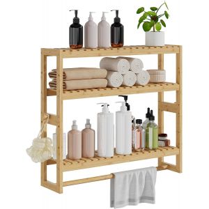 CAUC-&Eacute;tag&egrave;re de Salle de Bain en Bambou, 15 x 59 x 54 cm (P x l x H), 3 Niveaux r&eacute;glables flottants, Fixation Murale ou Support avec Barre, &eacute;tag&egrave;res Debout, Porte-Serviettes (Beige) - Neuf
