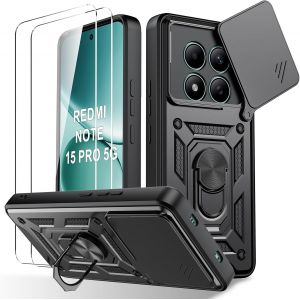 JGD-- Coque pour Xiaomi Redmi Note 15 Pro 5G, [2 Protecteur Verre Tremp&eacute;] avec Couvercle Coulissant de Cam&eacute;ra, Support d&iquest;Anneau Rotatif, Coque de Protection Antichoc Anti-Rayures - Noir - Neuf