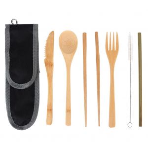 Hjlian Ensemble De Couverts De Voyage Portables En Bambou Ecologiques, Couteaux, Fourchettes, Cuilleres, Ustensiles D'exterieur - Neuf