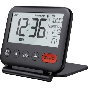 Réveil de Voyage Mini Horloge Numérique LCD Portable avec Calendrier Rétroéclairé 12/24H Température Miroir de Maquillage Petite Horloge de Bureau Pliable à Piles (Noir) - Neuf