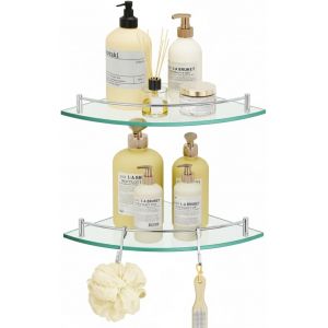 Lot de 2 &eacute;tag&egrave;res d'angle en verre avec crochets en acier inoxydable 18/8, &eacute;tag&egrave;re d'angle de salle de bain en verre tremp&eacute; avec rail, &eacute;tag&egrave;re en verre de douche, montage mural, finition polie - Neuf
