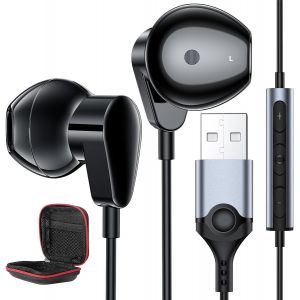 KALANKA-&Eacute;couteurs PC avec Microphone,L&eacute;ger Casque USB A avec C&acirc;ble 2,3M pour Jeux Vid&eacute;o,Intra-auriculaire Gaming Casque Filaire pour Ordinateur Portable Contr&ocirc;le Audio pour Bureau Diffusion en Direct - Neuf