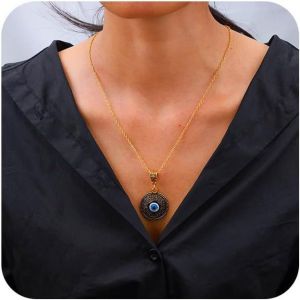 Kal-Boho Disque Pendentif Cubain Collier R&eacute;tro Minimaliste Cha&icirc;ne Or Simple Bleu Grands Yeux Collier R&eacute;glable Or V&ecirc;tements Cha&icirc;ne Bijoux De Mariage Pour Femmes Filles Pour Cadeau (Disque) - Neuf