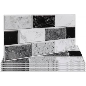 Stickers Adhésive Carrelage Noir Blanc 12 Pièces Pour Salle De Bains Et Cuisine, Crédence Cuisine, Imperméables Carrelage Carreaux Adhésif Mural 30 X 15 Cm[POU8804762] - Neuf