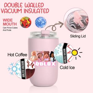 Gourde Anti-Fuite De 280 Ml, Avec Paille, Gobelet En Acier Inoxydable, Pour Le Travail, Les Voyages, L'ext&eacute;rieur, L'&eacute;cole (Rose Mignon) - Neuf