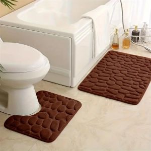 Kal-Tapis De Bain Ensemble Lot De 3 Tapis De Salle De Bain Solides Tapis De Toilette Absorbants En Polaire Corail Doux Antidérapant Marron 50 * 80cm+U50*40cm - Neuf