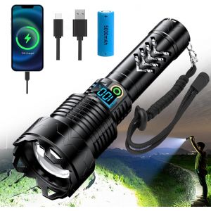 Lampe De Poche Led Rechargeable Avec Indicateur D'alimentation, 50 000 Lumens, Lampe De Poche Extr&ecirc;mement Lumineuse, 5 Modes Zoomables, Tactiques Puissantes, &Eacute;tanche Ipx7, Pour L'ext&eacute;rieur - Neuf