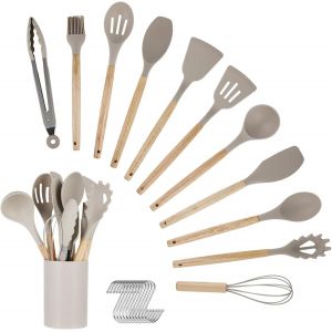 Ensemble D'ustensiles De Cuisine, 12 Pièces En Silicone Avec Boîte À Couverts Et Poignées En Bois, Résistant À La Chaleur, Antiadhésif, Lavable Au Lave-Vaisselle (Khaki) - Neuf