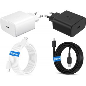 Super Fast Charger 45w For Galaxy A34 A54 5g A15 A14 A13 A53, S24 S23 S22 S21 S20+/Fe/Plus/Ultra, A05s A55 A35 A52 A51 A25 A72, S10 S9 Note 20 Z Flip 4, With 2m Cable Type C, White Black - Neuf