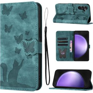 Sansh-Coque Samsung S23 Fe 5g Matériau En Cuir Pu De Qualité Supérieure Coque S23 Fe Avec Fentes Pour Cartes Motif Papillon Chat Coque Samsung S23 Fe Vert - Neuf