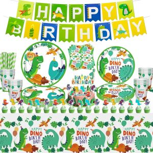 131 Pcs Fournitures De F&ecirc;te D'anniversaire Dinosaure - D&eacute;corations Et Ensemble De Vaisselle &Agrave; Th&egrave;me Dino Pour 20 Portions - Assiettes,Ballons,Nappe - Neuf