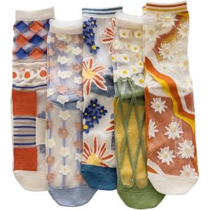 Kalanka-5 Paires Chaussettes Transparentes Femme Socquettes Femme Transparents Fantaisie Fleur &Agrave; Motifs Dentelle Cheville Pure Maille Et&eacute; Tites Chaussettes Soie Mince Mode Chaussette Basse - Neuf