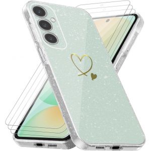 Store-Coque Compatible Avec Samsung Galaxy S24 Fe 5g (Pas Pour S24),3 Pièces Protection Écran En Verre Trempé,Housse Souple Et Transparent,Étui Anti Empreintes Et Paillettes - Neuf