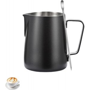 CMWS-Pichet à mousse à lait ¿ 350 ml ¿ Pichet à mousseur à lait en acier inoxydable avec marque de mesure et stylo de décoration pour faire du latte art et du cappuccino (350 ml, noir) - Neuf