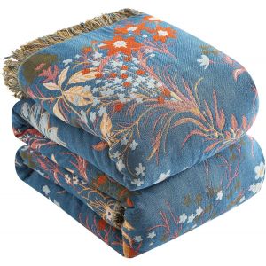 Ulteronixshop-Couvre-Lit Premium Boho 100% Coton Couverture Douillette &Agrave; Franges Couverture Boho Double Face En Mousseline 200 X 230 Cm, Couverture Douillette Pour Canap&eacute; Et Lit, Bleu/Beige - Neuf