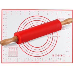 Ayuhr-Rouleau À Pâtisserie En Silicone, Rouleau À Pâtisserie Avec Poignées En Bois, Rouleau A Patisserie, Rouleau En Silicone Avec Tapis De Cuisson(30x40cm), Pour Cuisson Biscuits, Pâtisserie (Rouge) - Neuf