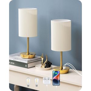 Lampe De Chevet Tactile Lot De 2 Avec Port De Charge Usb-C & Usb-A, 3 Intensités, E27 Ampoule Led Fournie, Abat-Jour Plissé, Lampe De Table Pour Chambre, Salon, Hôtel, Base Dorée - Neuf