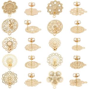 Tianyi-20pcs 10 Styles 0.85mm Pin 304 Boucles D'oreilles Fleur En Acier Inoxydable Avec Boucle Bohème Creux Plat Filigrane Boucles D'oreilles Poteaux Avec Trou Écrous D'oreille Composant De Clous - Neuf