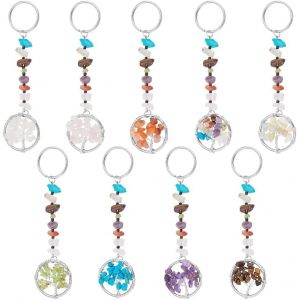 Kal-Porte-Cl&eacute;s Arc-En-Ciel 7 Chakras Cristal Avec Breloques Alliage Plat Rond Avec Arbre De Vie Porte Cl&eacute; Anneau Porte Cl&eacute; Pierre Breloques Diy Porte Cl&eacute; Charme Cadeau - Neuf