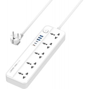 MANTO Multiprise avec 5 prises universelles et 6 ports USB (3 x USB-C PD 20 W + 3 x USB-A), multiprise 2500 W avec interrupteur, protection contre les surtensions, s&eacute;curit&eacute; enfant, c&acirc;ble de 2 m, pour - Neuf