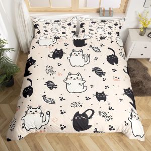 Double (Sans Couette)-Noir-Parure De Lit Double Motif Chat Dessin Animé, Housse De Couette À Fleurs Bohèmes, Housse De Couette À Fleurs Colorées Et Groovy, Housse De Couette À Imprimé Animal Mignon - Neuf