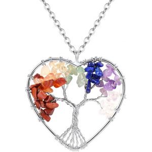 Bijoux Femme Plaqu&eacute; Or 18k/Or Blanc Boucle D'oreille/Collier/Parure Pendentif Ronde/Coeur Arbre De Vie Avec Cristaux Chakra &Agrave; 7 Couleurs Bijoux Relligieux - Neuf
