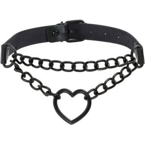 Kal-Choker Punk Gothique Cuir Pu Ras De Cou À Chaîne Coeur Collier Rock Femme Homme Réglable - Neuf