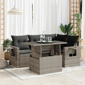 Salon De Jardin 5 Pcs Avec Coussins Gris Résine Tressée - Neuf