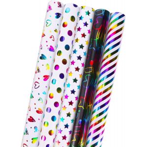 Lot De 5 Rouleau Papier Cadeau, 43cm X 3m Papier Cadeau Anniversaire Multicolore Papier Cadeau Rouleau Papier D'emballage Cadeau Pour Anniversaire D'enfant, Mariage, Fête Prénatale, Noël - Neuf