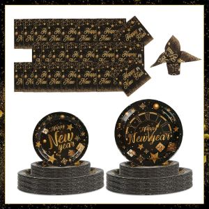 Checarzhn--No1-80pcs Vaisselle Du Nouvel An En Party, Noir Or Anniversaire Party Vaisselle, Décoration De Table Pour Le Nouvel An, Pour Nouvel An Mariage, Fête Du Nouvel An - Neuf