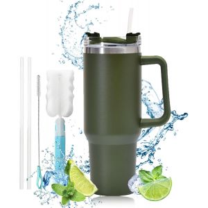 Eryi-Mug Isotherme,Mug Isotherme Sans Bpa,Mug Isotherme 1200ml,Double Isolée Tasse Isotherme Pour Cafe,Tasse Cafe Voyage ,Mug Voyage Avec Paille,Tasse Voyage Haute Capacité,Double Isolée(Armée Verte) - Neuf