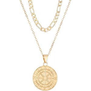 Kal-Boussole Collier Pour Femmes, Collier Avec Pendentif Boussole Or/Argent, Double Collier Femme Cadeaux De Festivals Pour Famille Amis - Neuf