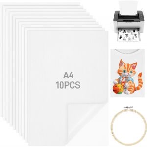 Yemaesre-10pcs Papier Broderie Soluble Avec Tambour Broderie, Papier Hydrosoluble Imprimable A4, Papier Magique Broderie Collant Et À Coudre, Stabilisateur Broderie Lavable, Papier Hydrosoluble Brode - Neuf
