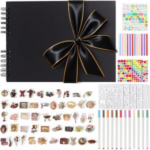 Album Photo Scrapbooking Avec Ruban Noir Bord&eacute; D'or,80 Pages Noires,Livre Photo Avec 12 Marqueurs M&eacute;talliques,11 Planchettes De Stickers,Livre D'or Pour Mariage & Anniversaire,Noir - Neuf