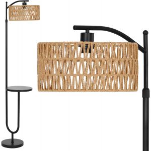 Lampadaire Vintage Avec &Eacute;tag&egrave;res &iquest; Lampe Sur Pied De Salon Noir M&eacute;tal En Rotin Boho, Hauteur R&eacute;glable 152 &Agrave; 176cm, Douille E27, C&acirc;ble De 2m Avec Interrupteur Au Pied, Pour Et Chambre - Neuf