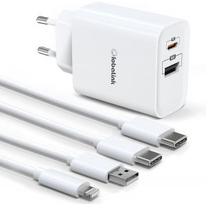 JGD-Chargeur Rapide iPhone 20W avec 2 Ports USB C, C&acirc;ble USB &agrave; Lightning 2m + C&acirc;ble Type C &agrave; C 2m Compatible avec iPhone 15/15 Pro/14/13/13 Pro Max/13 Mini/12/11/X - Neuf