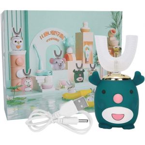 Brosse &Agrave; Dents &Eacute;lectrique Pour Enfants En Forme De U, Brosse &Agrave; Dents Ultrasonique &Agrave; 360&deg;, T&ecirc;te De Brosse En Gel De Silice, Brosse &Agrave; Dents Pour Tout-Petits Avec Minuteur [6 - 14 Ans] (Vert) - Neuf