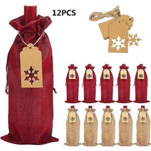 Sacs À Vin En Toile De Jute,Sacs À Vin De Jute De Noël De 12 Pièces Avec Cordon De Serrage Et Étiquettes De Fête - Neuf