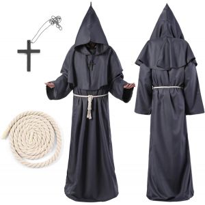 Trahoo-Deguisement Moine, Costume Robe De Prêtre Halloween, Déguisement De Prêtre Robe De Prêtre Médiévale Avec Capuche Ceinture Et Collier De Croix, Halloween Costumes De Carnaval Et De Jeu De Rôle - Neuf