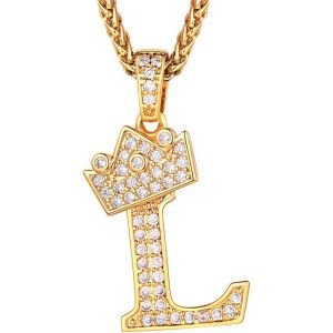 Kales-Collier Lettre L,Pendentif Initiale Prénom Plaqué Or Lettre L,Bling Brillant Hip Hop Bijoux Alphabet Pendentif Couronne En Strass Avec Chaîne Or Réglable 55+5 Cm Pour Homme Femme - Neuf